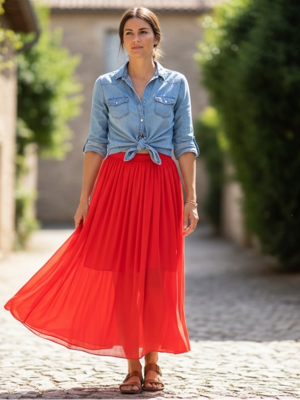 Elegant Sheer Lined Vibrant Red Maxi Skirt Photoshoot Summer Maternity